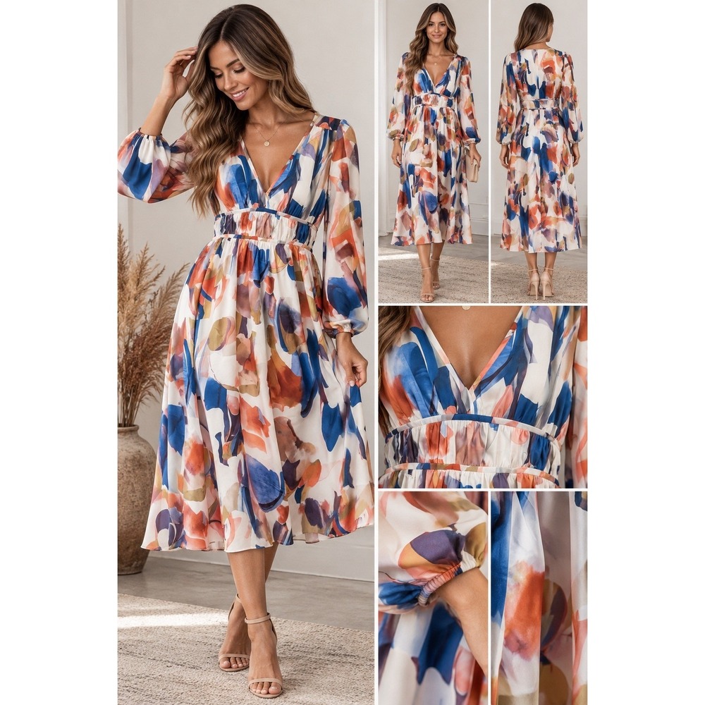 StyleWe Abstract Print Midi Dress Small V Neck Long Sleeve NWOT